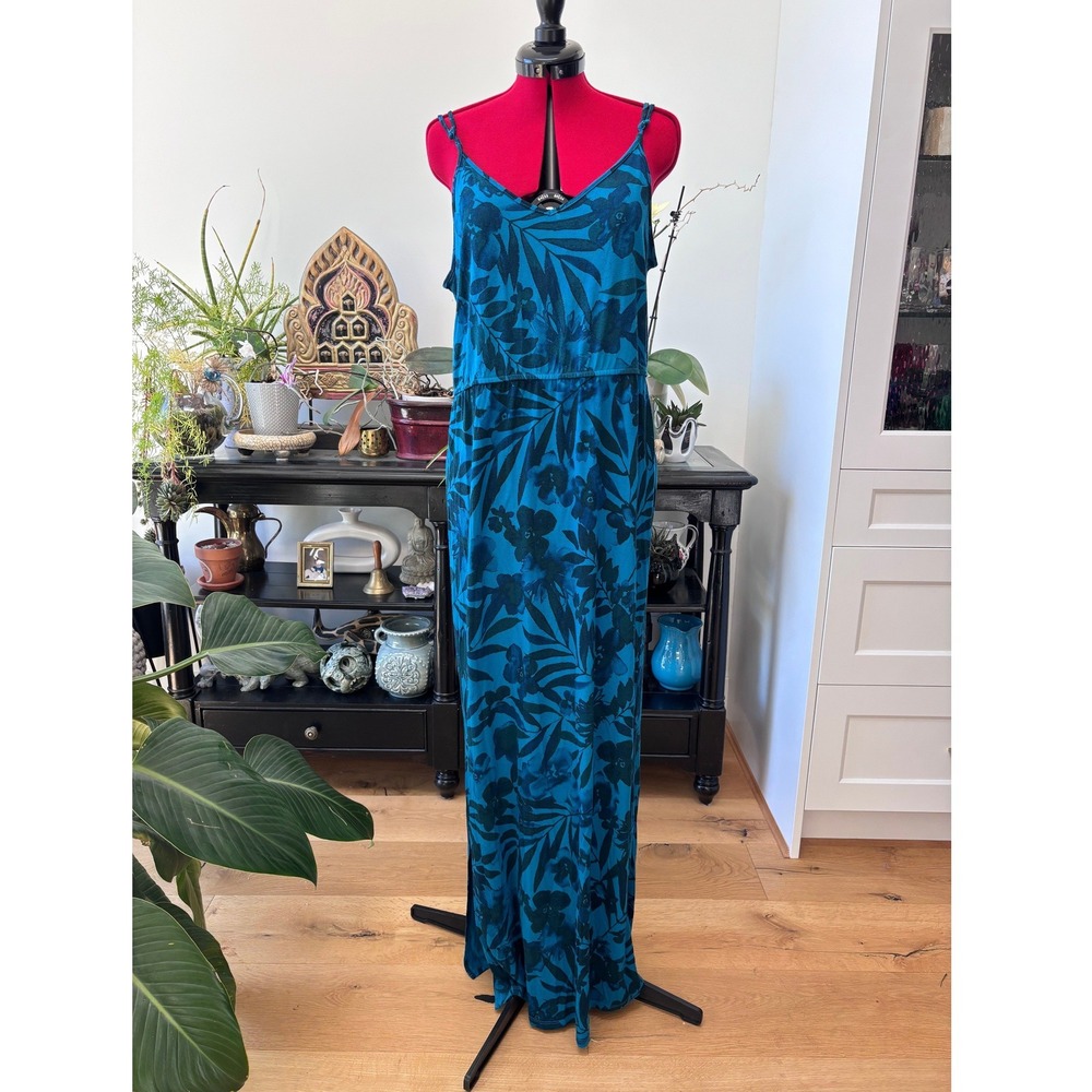 JOE FRESH maxi dress women large blue tropical floral sundress adjustable straps